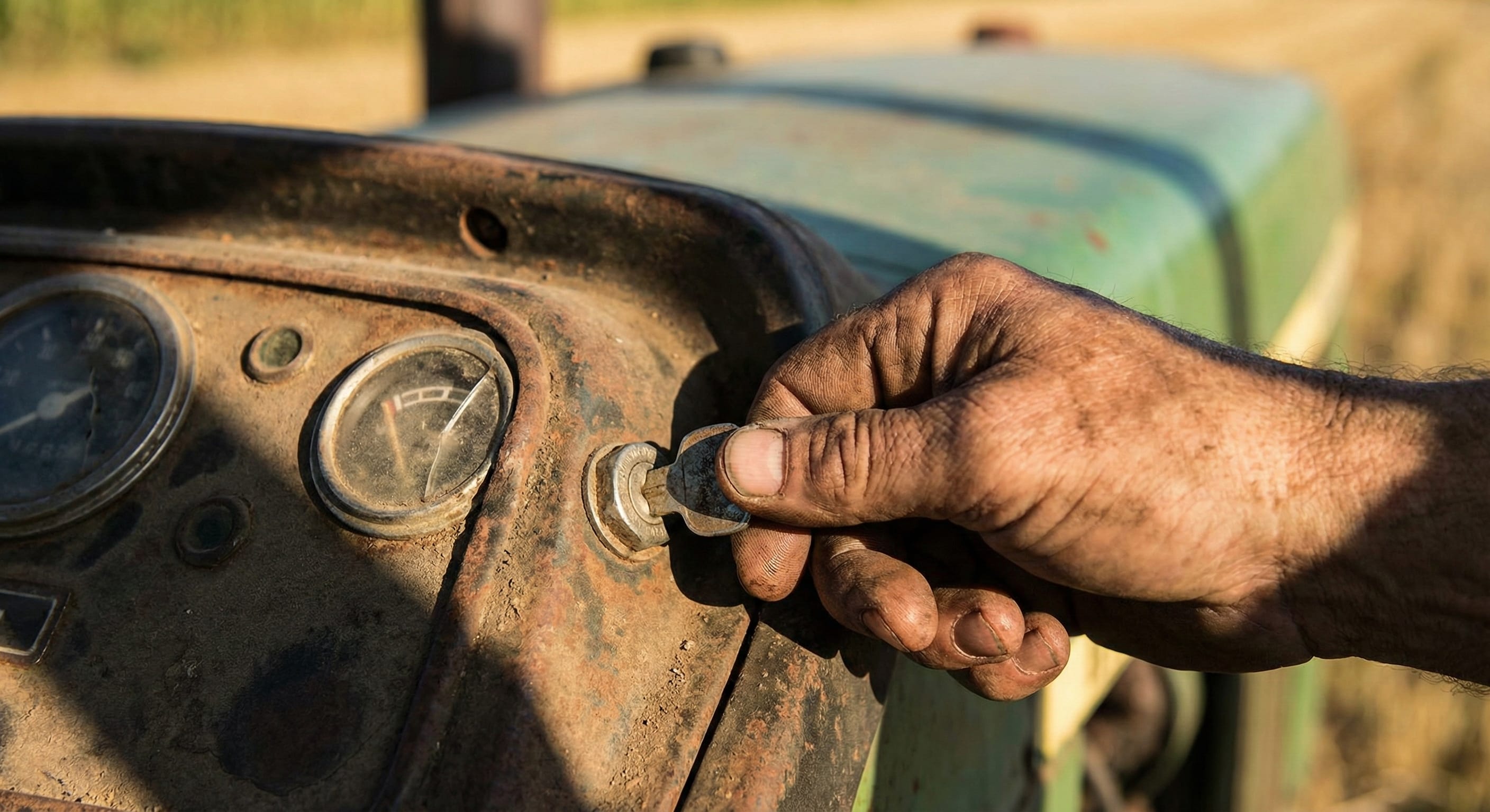 Farmer turning ignition key on rusty tractor dashboard diagnosis no start condition