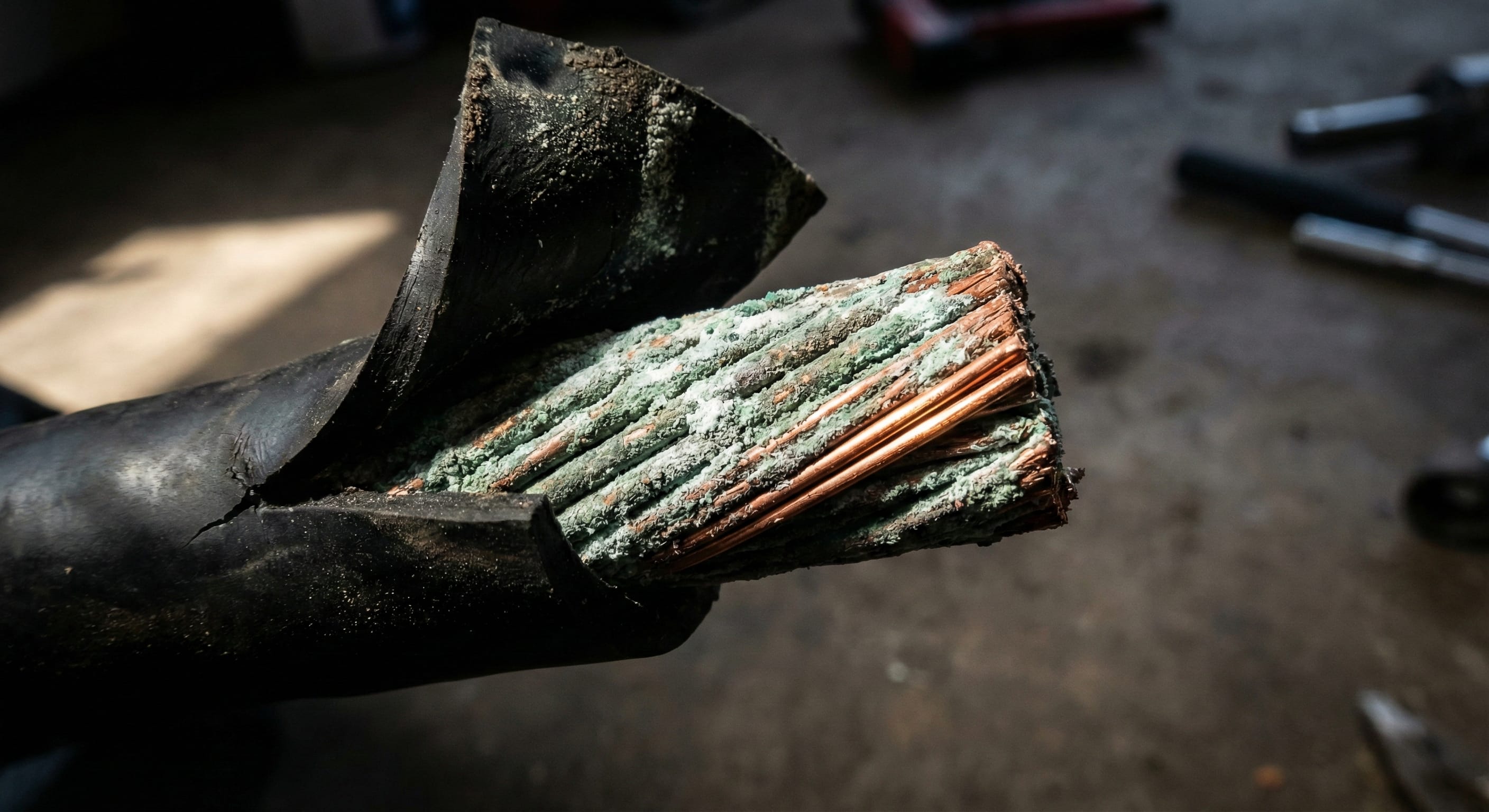 Cross section of damaged 00-gauge tractor battery cable showing internal green copper corrosion