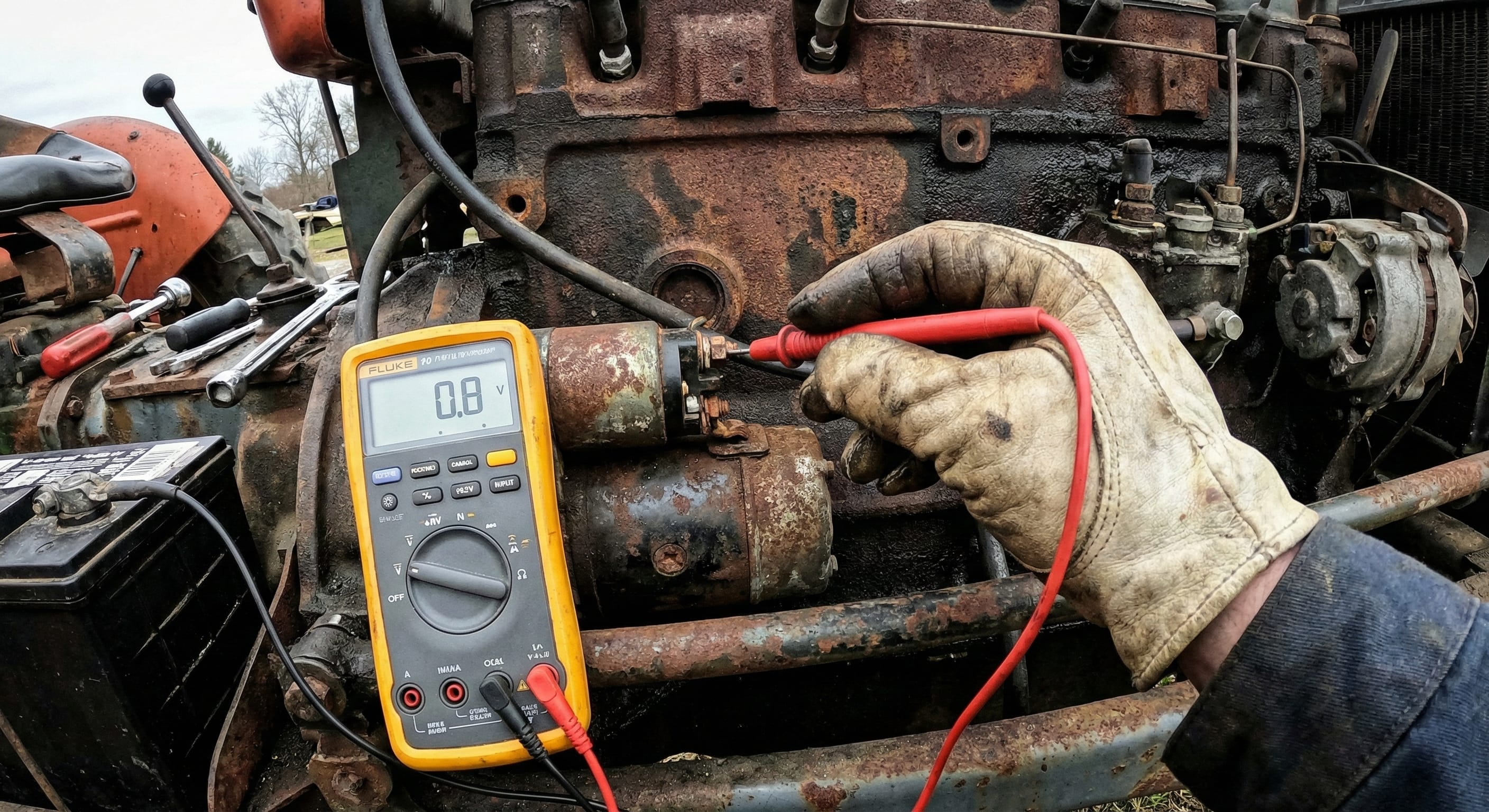 Mechanic performing voltage drop test on tractor starter solenoid using yellow digital multimeter