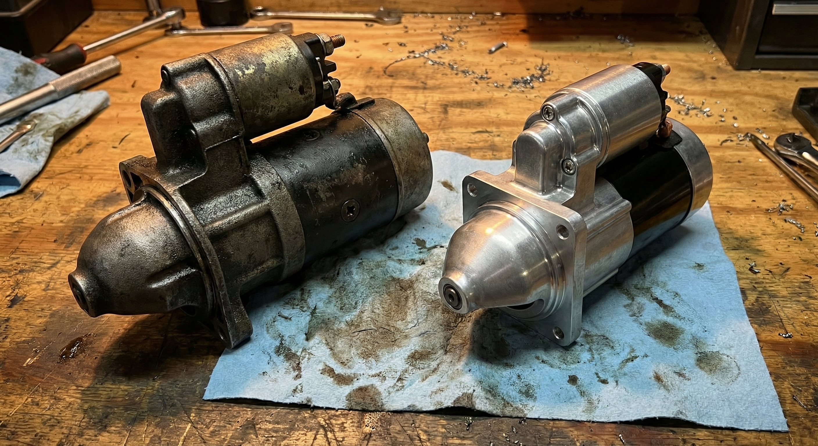 Size comparison between large OEM direct drive starter and compact high-torque gear reduction starter